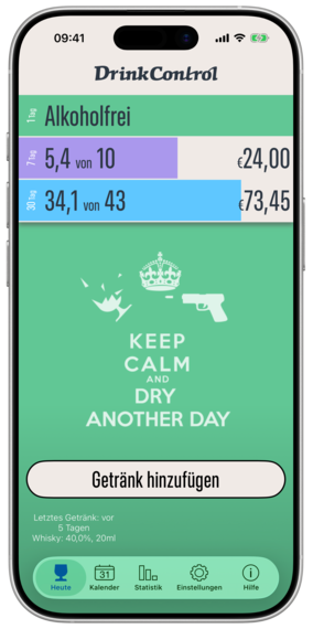 DrinkControl-Bildschirm „Heute“ auf dem iPhone mit einem alkoholfreien Tag sowie 7- und 30-Tage-Summen