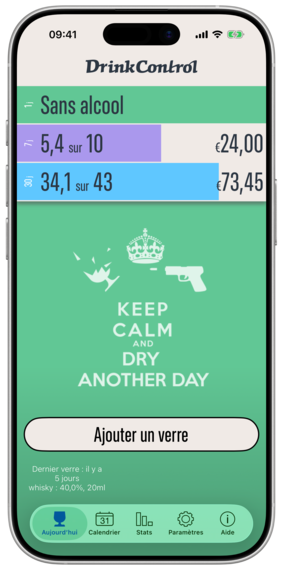 Écran Aujourd’hui de DrinkControl sur iPhone : une journée sans alcool et les totaux sur 7 et 30 jours