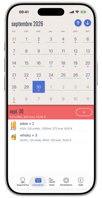 Calendrier mensuel où chaque jour est coloré selon la consommation, avec les boissons du jour sélectionné