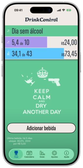 Tela Hoje do DrinkControl no iPhone: um dia sem álcool e os totais de 7 e 30 dias