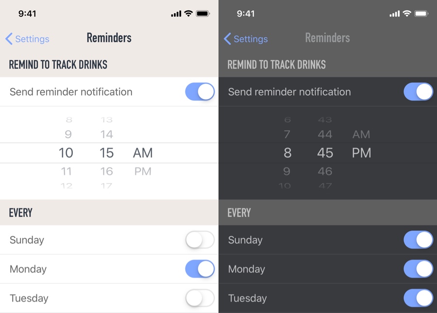 Screenshot of Reminders configuration screen