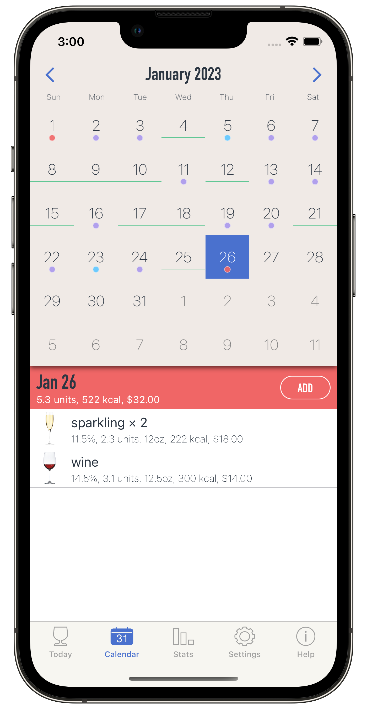 Screenshot of Calendar tab